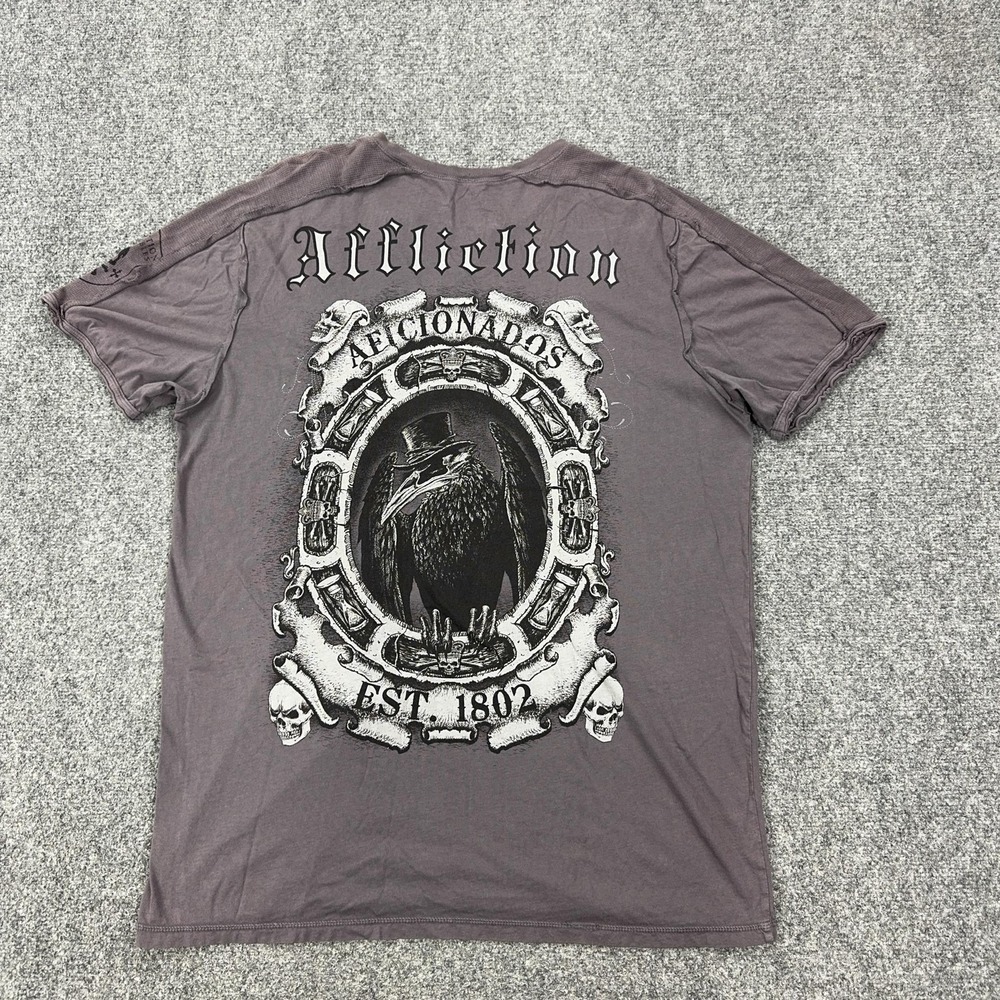 Affliction Shirt Mens 2XL Gray Raven Skull Aficionados V Neck Graphic‎ Biker Tee